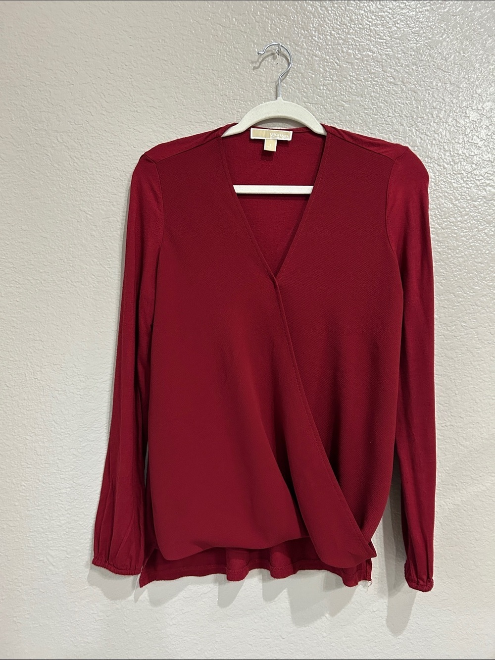Michael Kors Wine Red Faux-Wrap Long Sleeve Blouse Sz S Office Career TC0346
